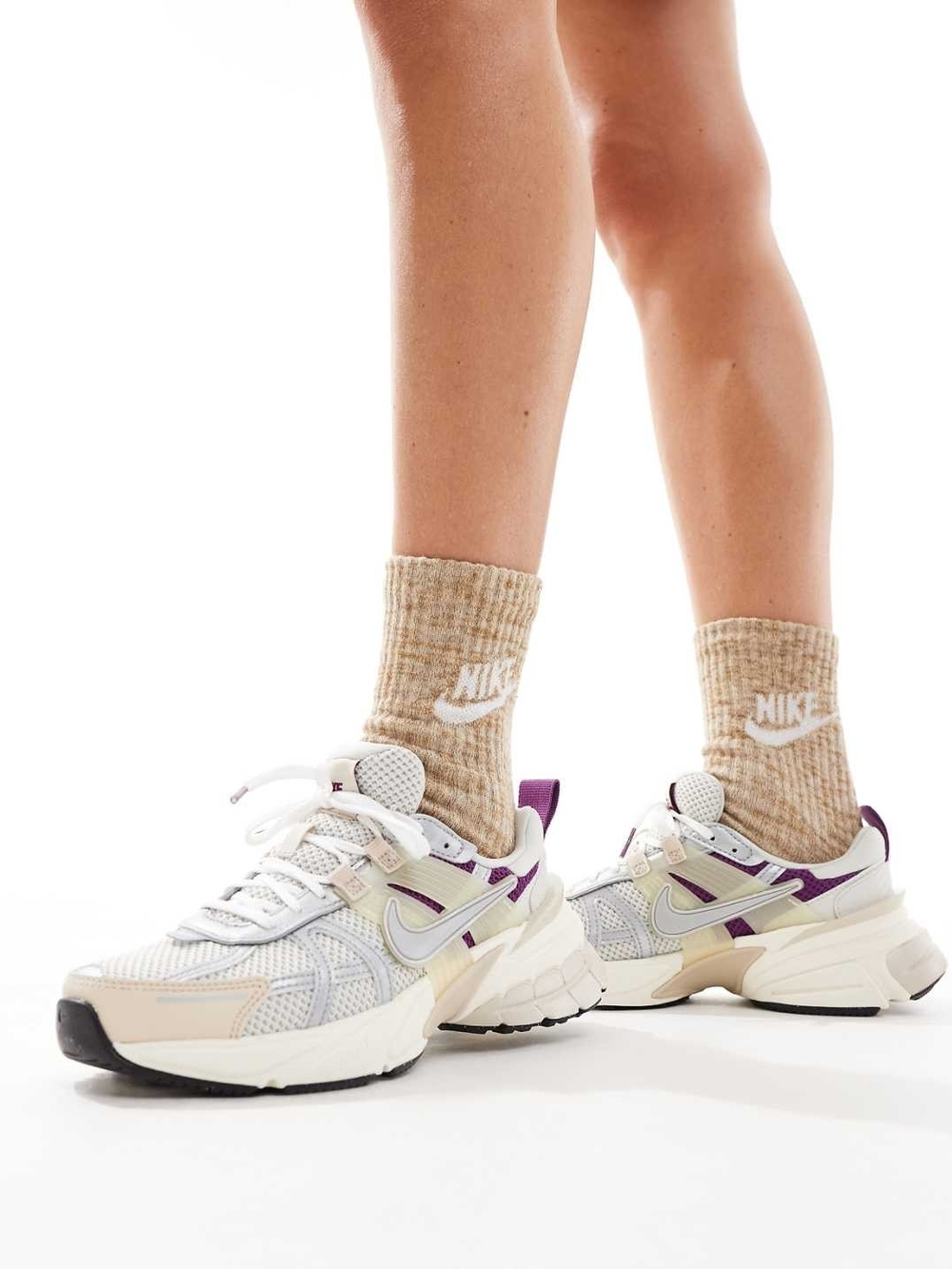 Nike Women's V2K Run Cream and Purple Mesh Sneakers